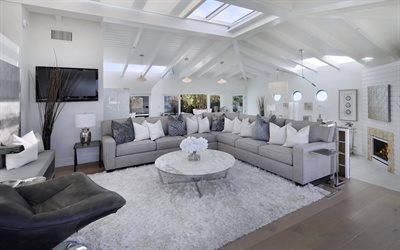 stylish interior of the living room, bright interior, living room, modern design, gray sofa