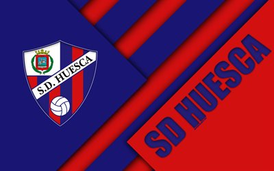 SD Huesca, 4k, material design, Spanish football club, red blue abstraction, logo, Huesca, Spain, Segunda Division, football, huesca fc