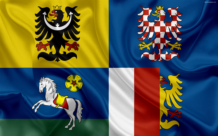 Flaggan i Moravian Silesian Region, silk flag, 4K, officiella symboler, flaggor av administrativa enheter, Tjeckiska Republiken, Moravian-Silesian Region
