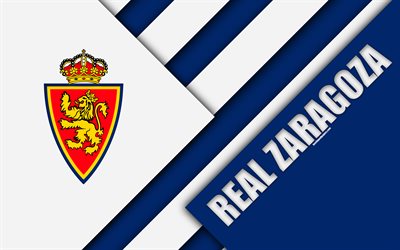 Real Zaragoza FC, 4k, material design, Spanish football club, white blue abstraction, logo, Zaragoza, Spain, Segunda Division, football