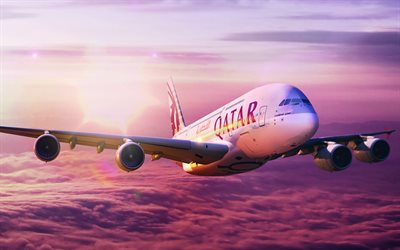 Airbus A380, 4k, Qatar Airways, yolcu, u&#231;ak, Sivil Havacılık, Airbus