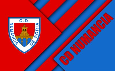 CD Numancia, 4k, materiaali suunnittelu, Espanjan football club, punainen sininen abstraktio, Numancia logo, Soria, Espanja, Toisen Divisioonan, jalkapallo