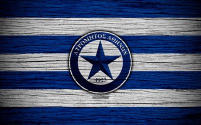 Atromitos FC, 4k, wooden texture, Greek Super League, soccer, football club, Greece, Atromitos, logo, FC Atromitos