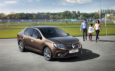 Renault Logan, 2018, ruskea sedan, ulkoa, uusi ruskea Logan, ranskalaiset autot, Renault