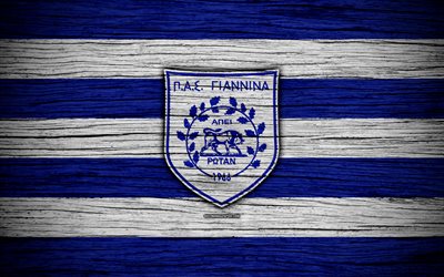 Giannina FC, 4k, wooden texture, Greek Super League, soccer, football club, Greece, Giannina, logo, FC Giannina