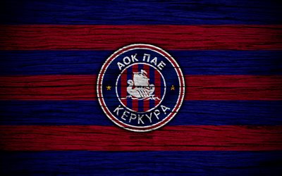 Kerkyra FC, 4k, textura de madeira, Super Liga Grega, futebol, clube de futebol, Gr&#233;cia, Kerkyra, logo, FC Kerkyra