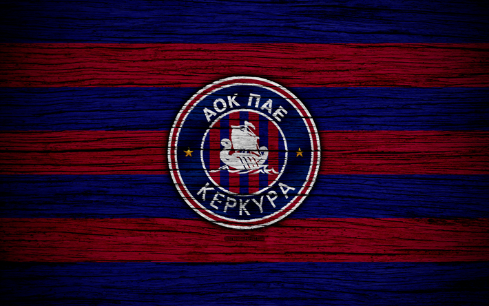 Kerkyra FC, 4k, wooden texture, Greek Super League, soccer, football club, Greece, Kerkyra, logo, FC Kerkyra