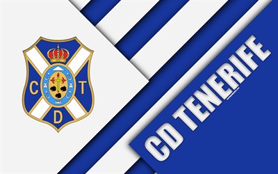CD تينيريفي, 4k, تصميم المواد, الاسباني لكرة القدم, الأزرق الأبيض التجريد, تينيريفي FC شعار, سانتا كروز دي تينيريفي, إسبانيا, الدرجة الثانية, كرة القدم