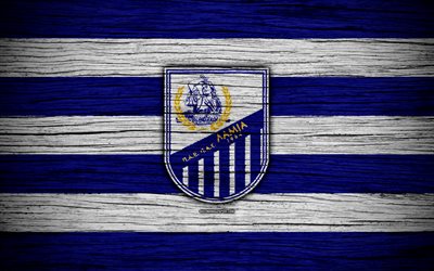 لمياء FC, 4k, نسيج خشبي, اليونانية الدوري الممتاز, كرة القدم, نادي كرة القدم, اليونان, لمياء, شعار, FC لمياء
