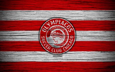 O Olympiacos FC, 4k, textura de madeira, Super Liga Grega, futebol, clube de futebol, O Olympiacos Piraeus, Gr&#233;cia, O Olympiacos, logo