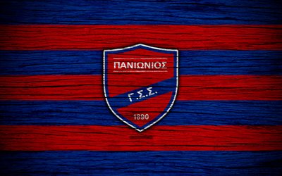 Panionios FC, 4k, textura de madeira, Super Liga Grega, futebol, clube de futebol, Gr&#233;cia, Panionios, logo, FC Panionios