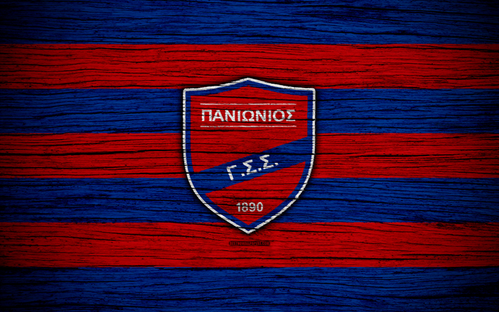 Panionios FC, 4k, wooden texture, Greek Super League, soccer, football club, Greece, Panionios, logo, FC Panionios