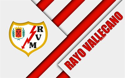FC Rayo Vallecano, 4k, material design, Spanish football club, red white abstraction, logo, Madrid, Spain, Segunda Division, football