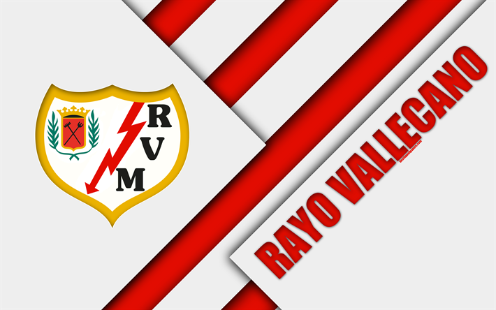 fc-rayo vallecano, 4k, material-design, der spanischen fu&#223;ball-club rot-wei&#223;en abstraktion, logo, madrid, spanien, segunda division, fu&#223;ball