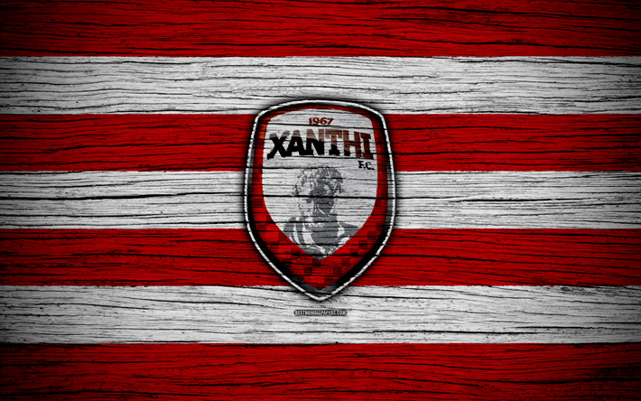 Xanthi FC, 4k, wooden texture, Greek Super League, soccer, football club, Greece, Xanthi, logo, FC Xanthi