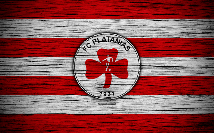 Platanias FC, 4k, textura de madeira, Super Liga Grega, futebol, clube de futebol, Gr&#233;cia, Platanias, logo
