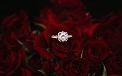 anillo de compromiso, borgo&#241;a rosas rojas, flores de fondo, la joya, la decoraci&#243;n, la boda de conceptos