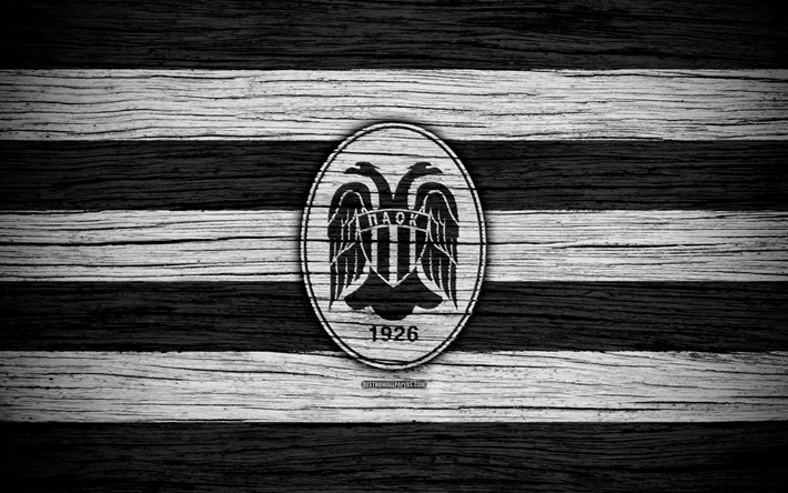 PAOK FC, 4k, wooden texture, Greek Super League, soccer, PAOK Thessaloniki, football club, Greece, PAOK, logo, FC PAOK