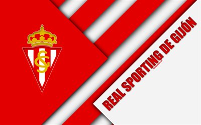Real Sporting de Gijon, 4k, material och design, Spansk fotbollsklubb, r&#246;d vit abstraktion, logotyp, Gijon, Spanien, Andra Divisionen, fotboll, Gijon FC