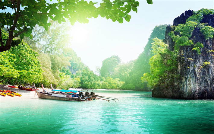 4k, Vietname, mar, praia, penhascos, barcos, Indochina, &#193;sia