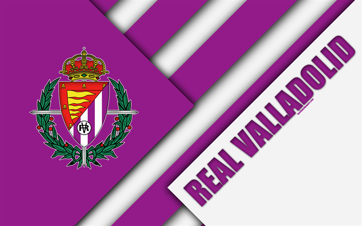 Real Valladolid CF, 4k, material design, Spanish football club, purple white abstraction, logo, Valladolid, Spain, Segunda Division, football