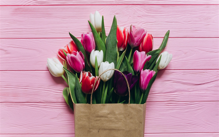 ダウンロード画像 花束チューリップ 紙袋 ピンクのチューリップ 春の花 チューリップ白 フリー のピクチャを無料デスクトップの壁紙