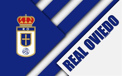 Real Oviedo FC, 4k, material design, Spanish football club, blue white abstraction, logo, Oviedo, Spain, Segunda Division, football
