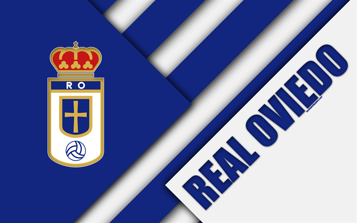 Real Oviedo FC, 4k, materiaali suunnittelu, Espanjan football club, sininen valkoinen abstraktio, logo, Oviedo, Espanja, Toisen Divisioonan, jalkapallo