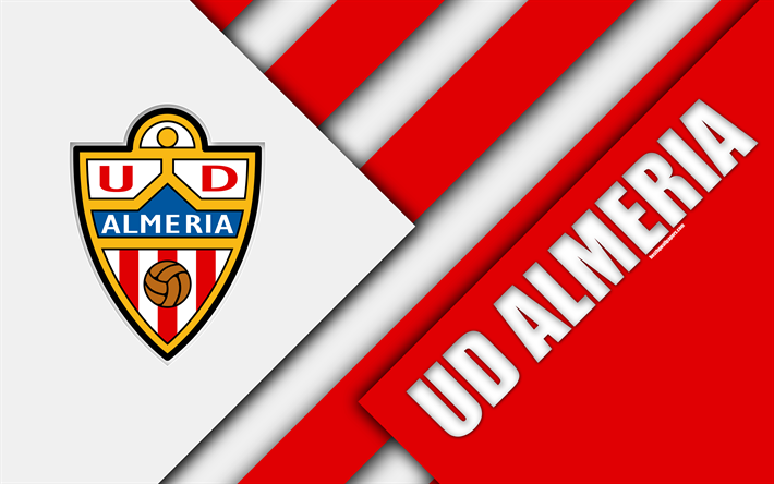 UD Almeria, 4k, material design, Spanish football club, white red abstraction, logo, Almer&#237;a, Spain, Segunda Division, football, Almeria FC