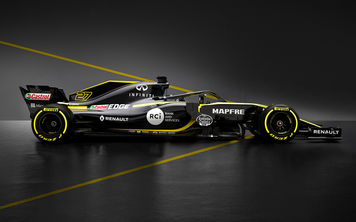Renault RS18, 2018, Formula1, uusi kilpa-auto, ulkoa, sivukuva, uusi pilotti suoja, ohjaamon suoja, F1, Renault