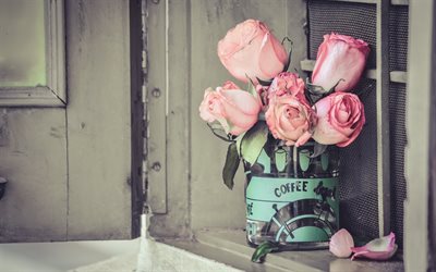 ピンク色のバラ, 美しい花束, バラ, 花飾り, レトロスタイル