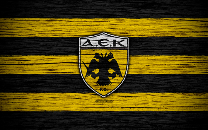 AEK FC, 4k, texture de bois, grec Super League, football, club de football, l&#39;AEK, la Gr&#232;ce, l&#39;AEK Ath&#232;nes, le logo, le FC AEK