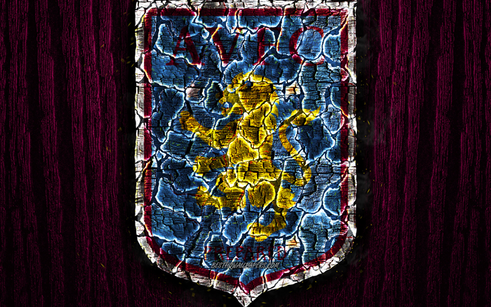 Aston Villa, bruciata logo, Campionato, viola sfondo di legno, il club di calcio inglese, l&#39;Aston Villa FC, grunge, calcio, logo, texture del fuoco, Inghilterra