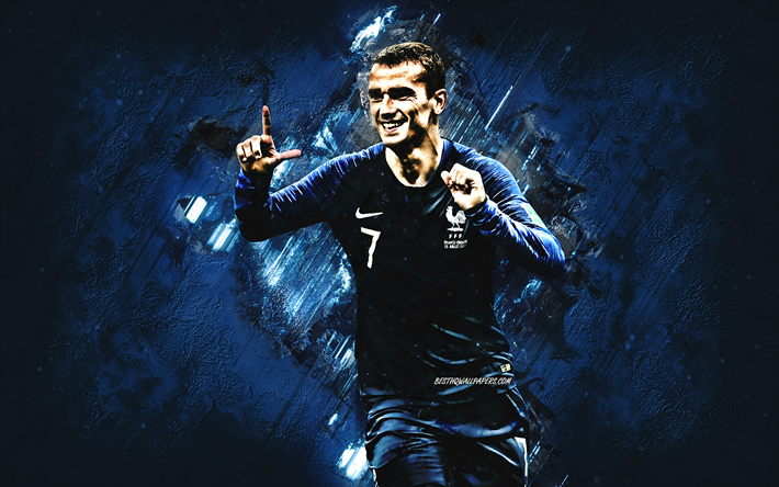 Antoine Griezmann, France national football team, striker, joy, blue stone, 7th number, portrait, famous footballers, football, french footballers, grunge, France, Griezmann