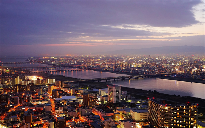 Osaka, &#214;n Honshu, Japanska staden, metropol, stadsbilden, kv&#228;ll, sunset, Japan