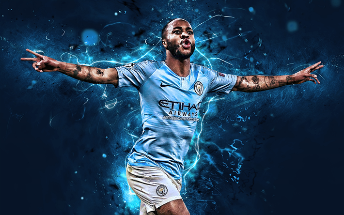 Raheem Sterling, joy, Manchester City FC, goal, english footballers, soccer, Raheem Shaquille Sterling, Premier League, Man City, England, football, neon lights