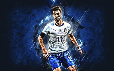 Daniele Rugani, Italy national football team, defender, blue stone, portrait, famous footballers, football, Italian footballers, grunge, Italy