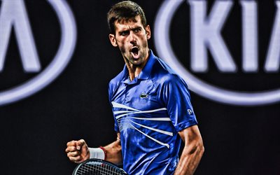 4k, el serbio Novak Djokovic, la alegr&#237;a, el serbio jugadores de tenis, ATP, de uniforme azul, partido, atleta, Djokovic, pista de tenis, HDR, los jugadores de tenis