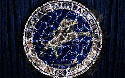 Millwall, scorched logo, Championship, blue wooden background, english football club, Millwall FC, grunge, football, soccer, Millwall logo, fire texture, England