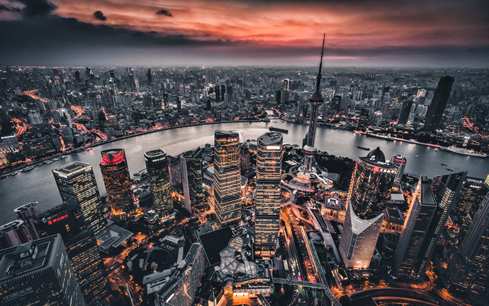 Shangai, 4k, tramonto, edifici moderni, HDR, paesaggi, mattina, Asia, Cina