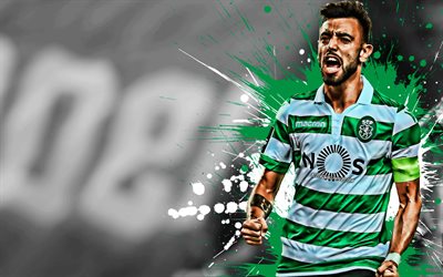 Bruno Fernandes, 4k, Portuguese football player, Sporting FC, midfielder, green-white paint splashes, creative art, Portugal, football, grunge, Sporting