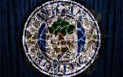 Wigan Athletic, scorched logo, Championship, blue wooden background, english football club, Wigan Athletic FC, grunge, football, soccer, Wigan Athletic logo, fire texture, England