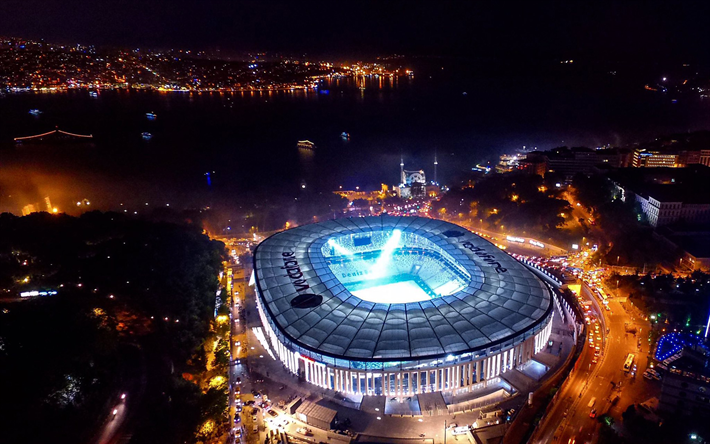 Vodafone Park, night, aerial view, football stadium, BJK, Vodafone Arena, soccer, Besiktas stadium, Turkey, turkish stadium, Besiktas