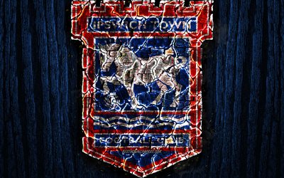 Ipswich Town, scorched logo, Championship, blue wooden background, english football club, Ipswich Town FC, grunge, football, soccer, Ipswich Town logo, fire texture, England