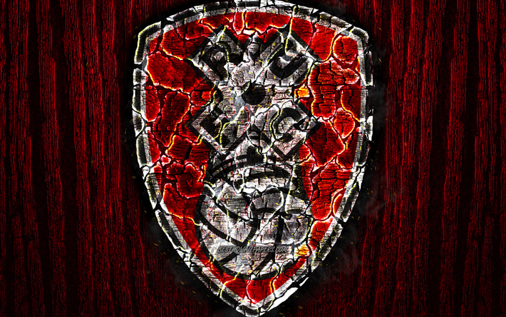 Rotherham United, scorched logo, Championship, red wooden background, english football club, Rotherham United FC, grunge, football, soccer, Rotherham United logo, fire texture, England