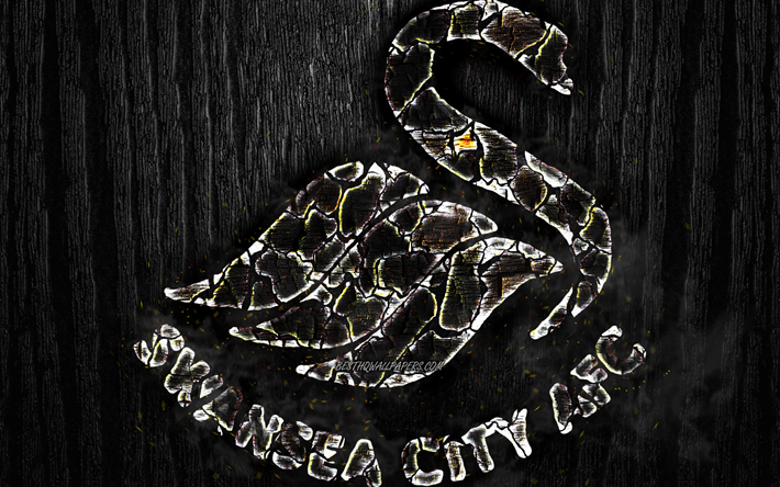 Swansea City, scorched logo, Championship, black wooden background, english football club, Swansea City AFC, grunge, football, soccer, Swansea City logo, fire texture, England