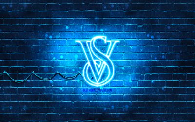 Victorias Secret sininen logo, 4k, sininen tiilisein&#228;, Victorias Secret logo, muoti tuotemerkit, Victorias Secret neon logo, Victorias Secret