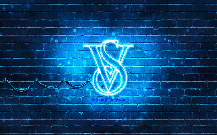 Victorias Secret logo bleu, 4k, mur de briques bleu, Victorias Secret logo, marques de mode, Victorias Secret logo n&#233;on, Victorias Secret