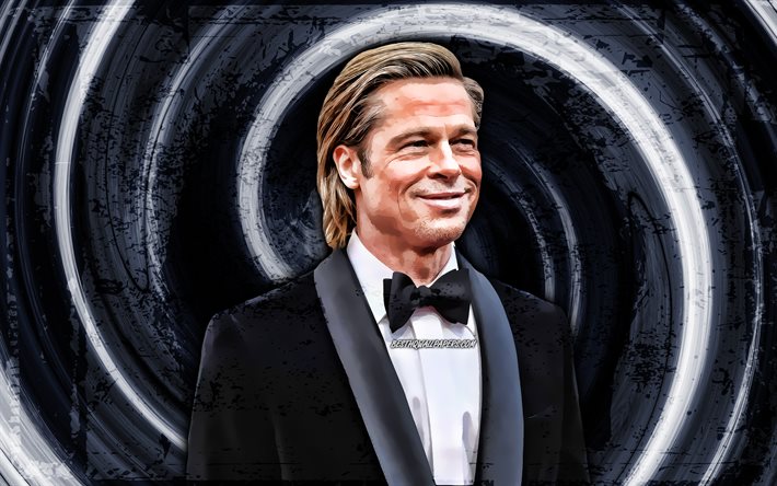 4k, Brad Pitt, gray grunge background, american actor, music stars, vortex, William Bradley Pitt, creative, Brad Pitt 4K