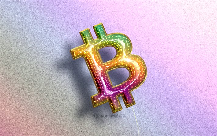 دقة فوركي, شعار بيتكوين, بالونات ملونة واقعية, عملة مشفرة, خلفيات ملونة, شعار Bitcoin 3D, إبْداعِيّ ; مُبْتَدِع ; مُبْتَكِر ; مُبْدِع, بيتكوين